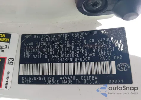 2022 Toyota Camry Xse z USA, uszkodzony, nr VIN 4T1K61AK9NU070086